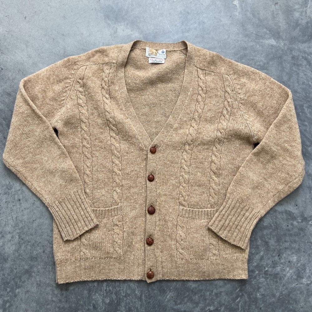 Vintage Talbots Tan Lambswool Angora Cable Knit Button Cardigan Sweater Mens 42